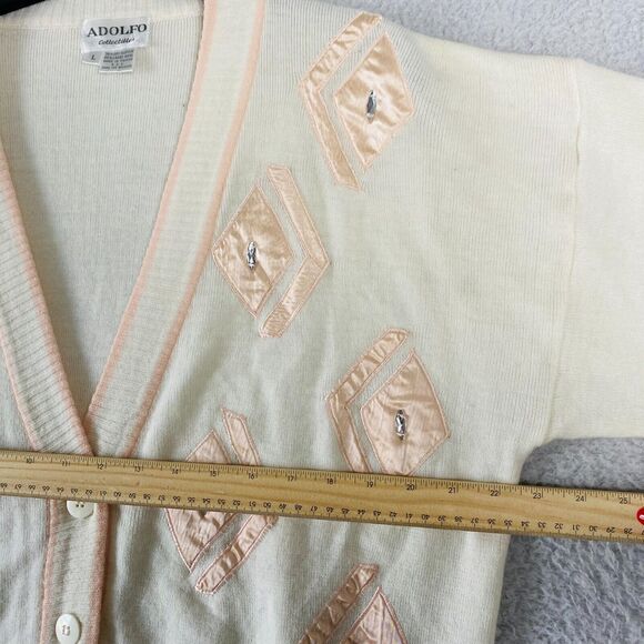 Vintage ADOLFO Collectibles‎ Cardigan Sweater Large Ivory Pink Lambs Wool Blend - Picture 7 of 8